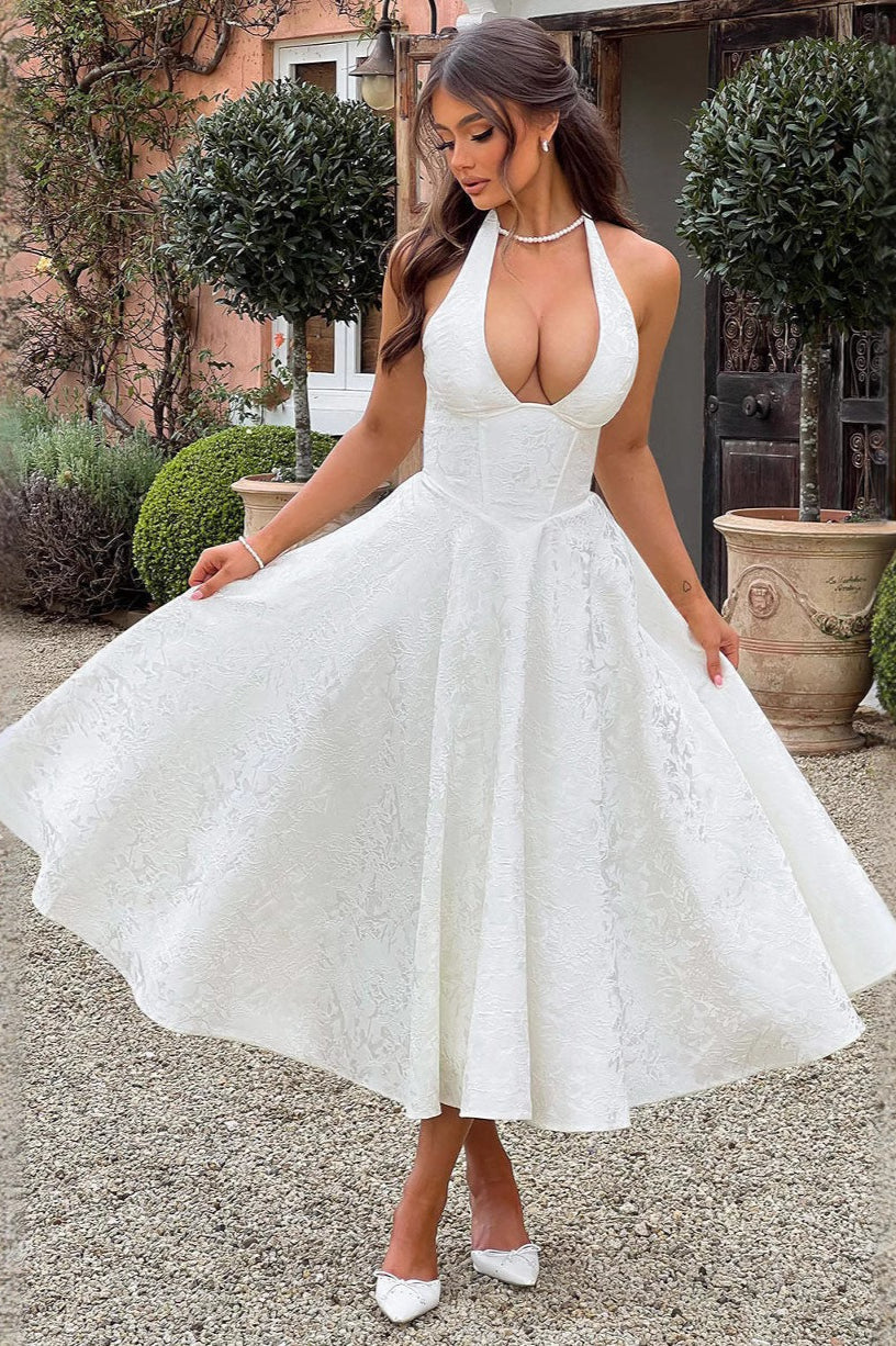 Jacquard Halter V-Neck Party Dress S / White