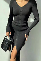 V-Neck Bodycon Knit Sweater Dress