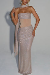 Sequin Sash Strapless Gown Dress