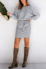 Ribbed Knit Belted Sweater Dress