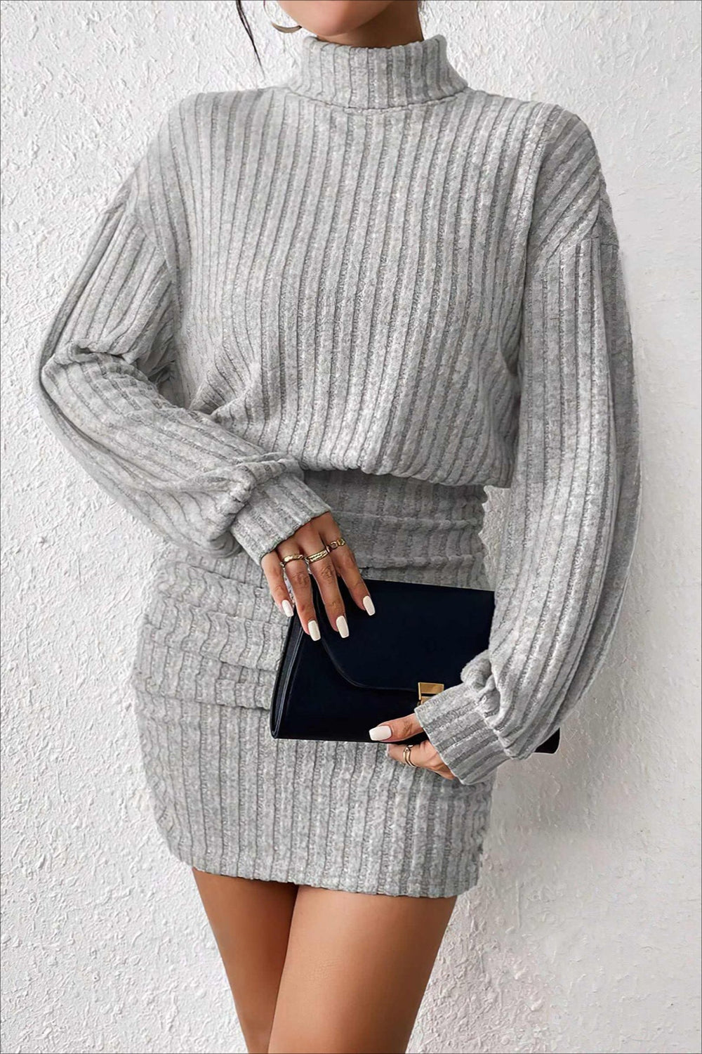 Slim Fit Ribbed Knit Sweater Dress S / Grey