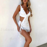 Deep V Backless Ruffled Mini Dress White / XS