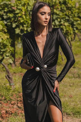 Deep V Neck Long Sleeve Split End Maxi Dress Black / S