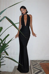Deep V Tie Halter Split Maxi Dress Black / S
