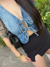 Denim Bow Tie Up Crop Top Blue / S