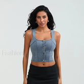 Denim Button Square Crop Top Blue / S