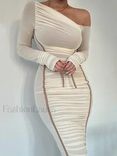 Diagonal Collar Mesh Backless Ruched Bodycon Long Midi Dress White / S
