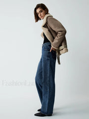 Distressed Leather Graceful Fleece Aviator Jacket Fleece Jackets