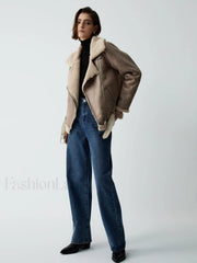 Distressed Leather Graceful Fleece Aviator Jacket Fleece Jackets