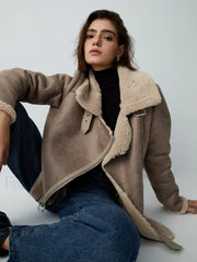 Distressed Leather Graceful Fleece Aviator Jacket Khaki / XS Fleece Jackets