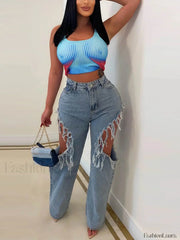 Distressed Side Wide Leg Jeans Blue / S Jeans