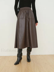 Double Pockets Graceful Leather Maxi Skirt Skirts