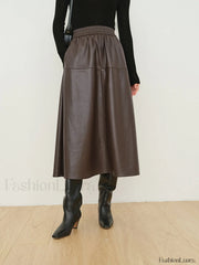 Double Pockets Graceful Leather Maxi Skirt Skirts