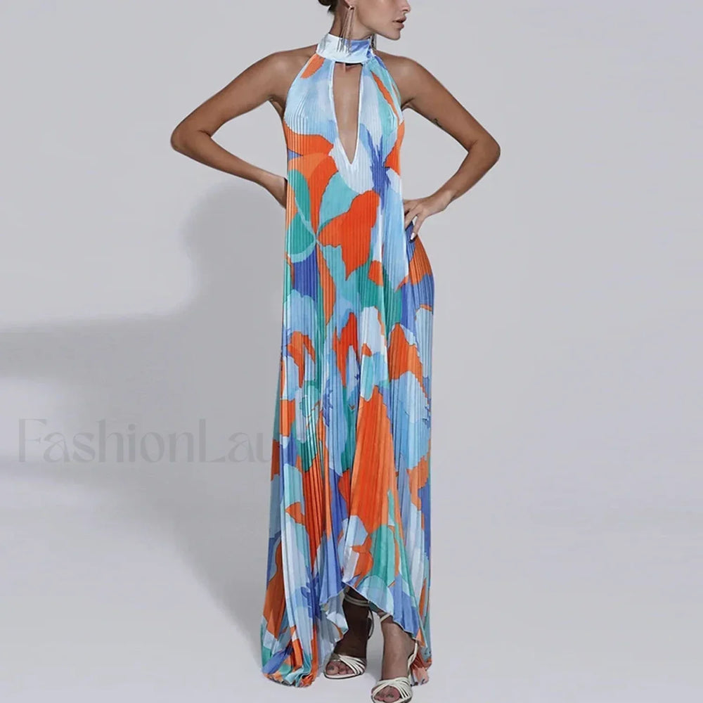 Draped Ethnic Hem Printed Maxi Dress blue 1 / S