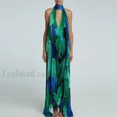Draped Ethnic Hem Printed Maxi Dress green / S