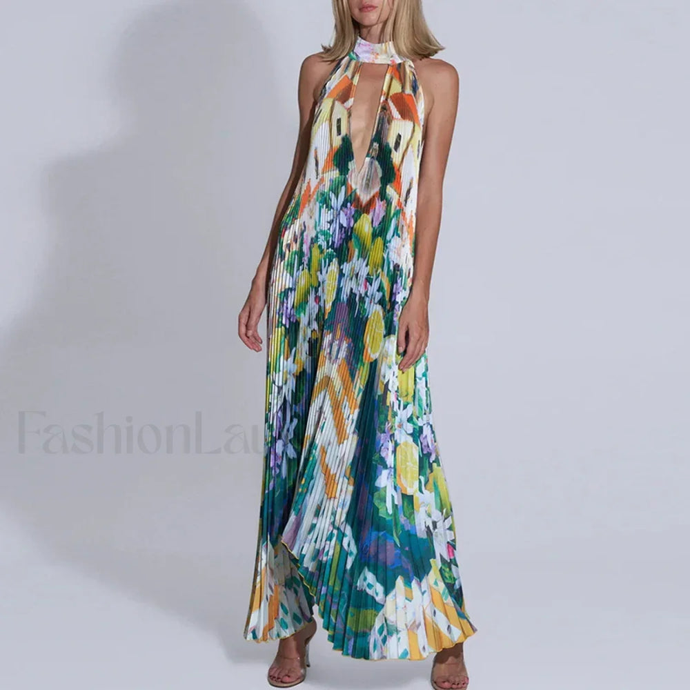 Draped Ethnic Hem Printed Maxi Dress green1 / S