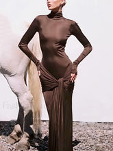 Draped Turtleneck Low Trendy Waist Twist Long Dress Dark Brown / S Dresses