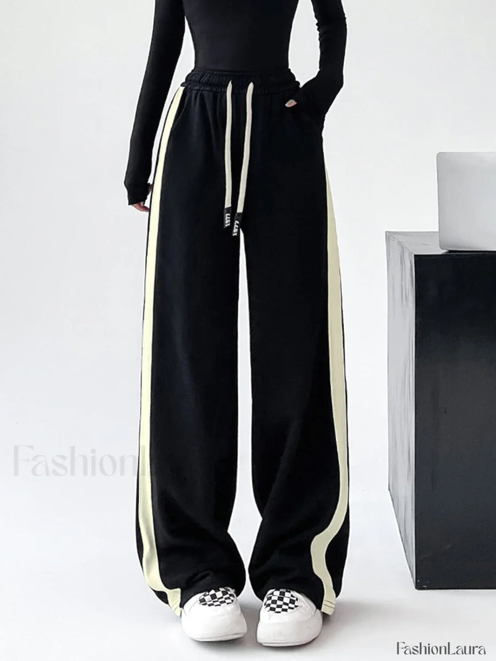 Drawstring Contrast Trim Trendy Wide Leg Sweatpants Sweatpants