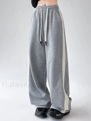 Drawstring Contrast Trim Trendy Wide Leg Sweatpants Light Grey / XS Sweatpants