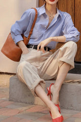 Elegant Blue Stripe Long Sleeve Blouse