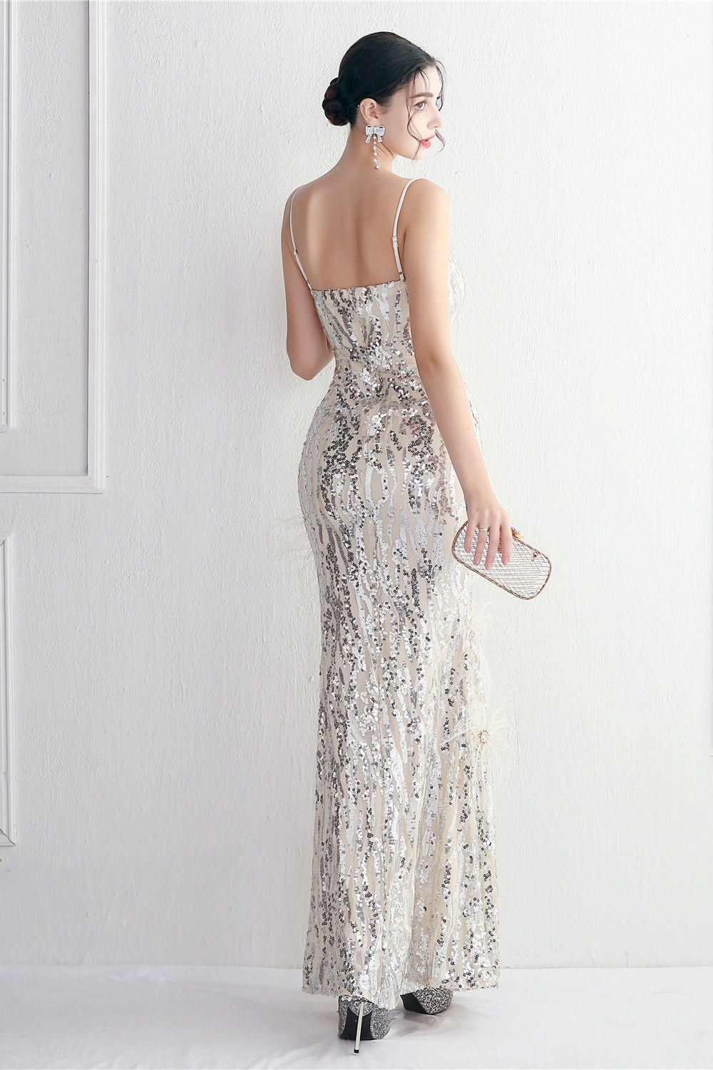 Intricate Beadwork Figure Hugging Gown Formal Dress S / Silver