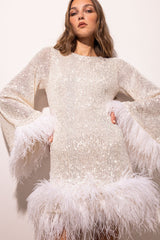 Long Sleeve Feather Sequin Mini Dress