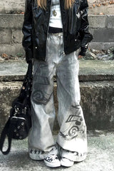 Music Note Print Vintage Jeans Grey / S