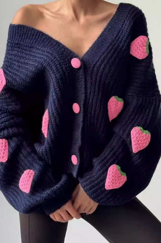 Strawberry Appliqué Chunky Knit Sweater S / Black