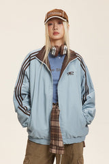 Reversible Stand Collar Colorblock Jacket M / Blue-Brown