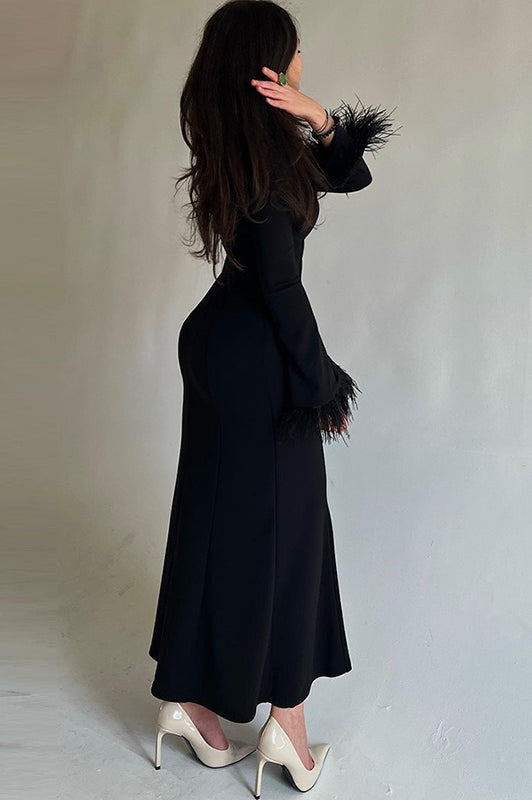 Feather Trim Bodycon Maxi Dress