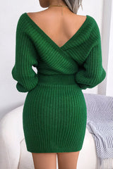 Cross V-Neck Batwing Fitted Sweater Dress S / Green