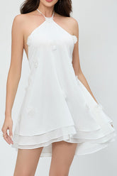3D Floral Chiffon Halter Cocktail Dress S / White