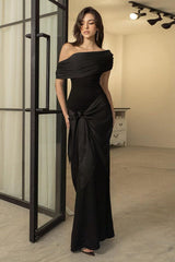 Black One Shoulder Flowy Sleeve Formal Dress