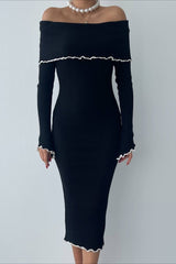 Ribbed Off Shoulder Color Block Knit Sweater Dress