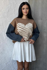 Heart Pattern Crewneck Denim Sweater