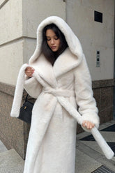Long Hooded Belted Mink Faux Fur Overcoat