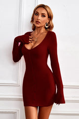 Buttoned U-Neck Bodycon Sweater Dress