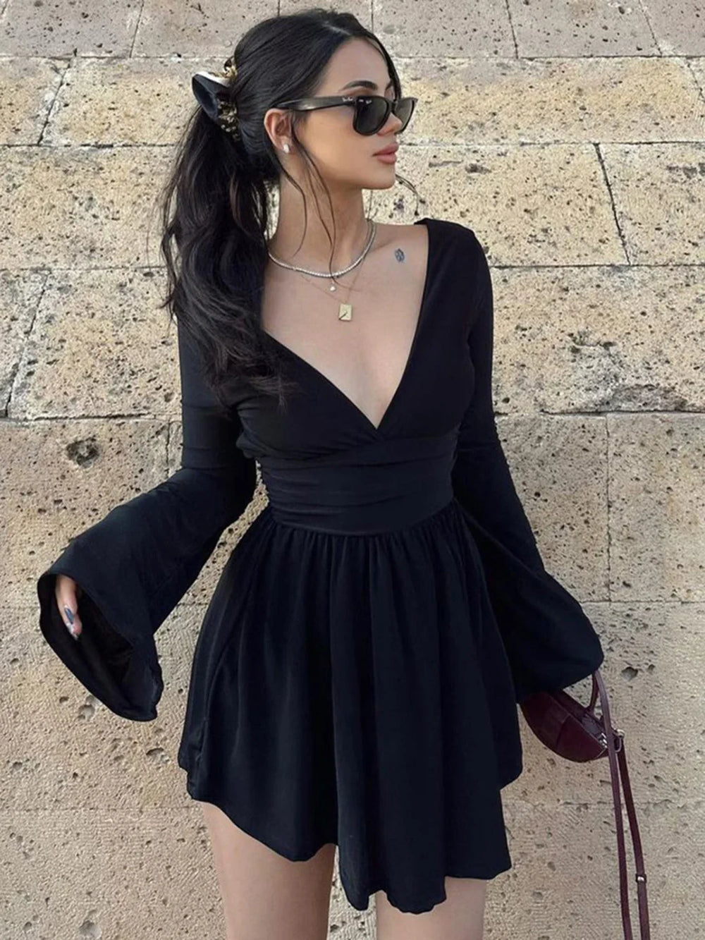 Effortless Plunge Graceful Skater Short Dress Black / S Dresses