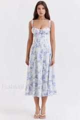 Elegant Floral Side Split Floral Dress white blue / S