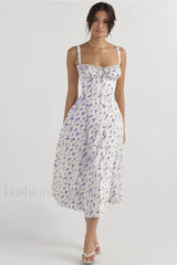 Elegant Floral Side Split Floral Dress white purple / S
