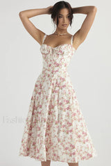 Elegant Floral Side Split Floral Dress white red / S