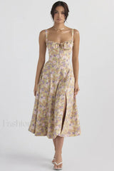 Elegant Floral Side Split Floral Dress yellow purple / S