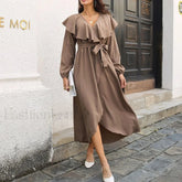 Elegant Ruffle Hem Split Fall V neck Lantern Sleeve Solid Slim Midi Dress