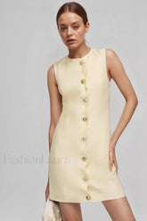 Elegant Sleeveless Buttoned Bodycon Work Dress Light Yellow / S