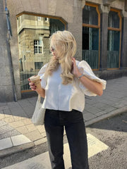 Elegant White Satin Short O neck Female Lady Blouse