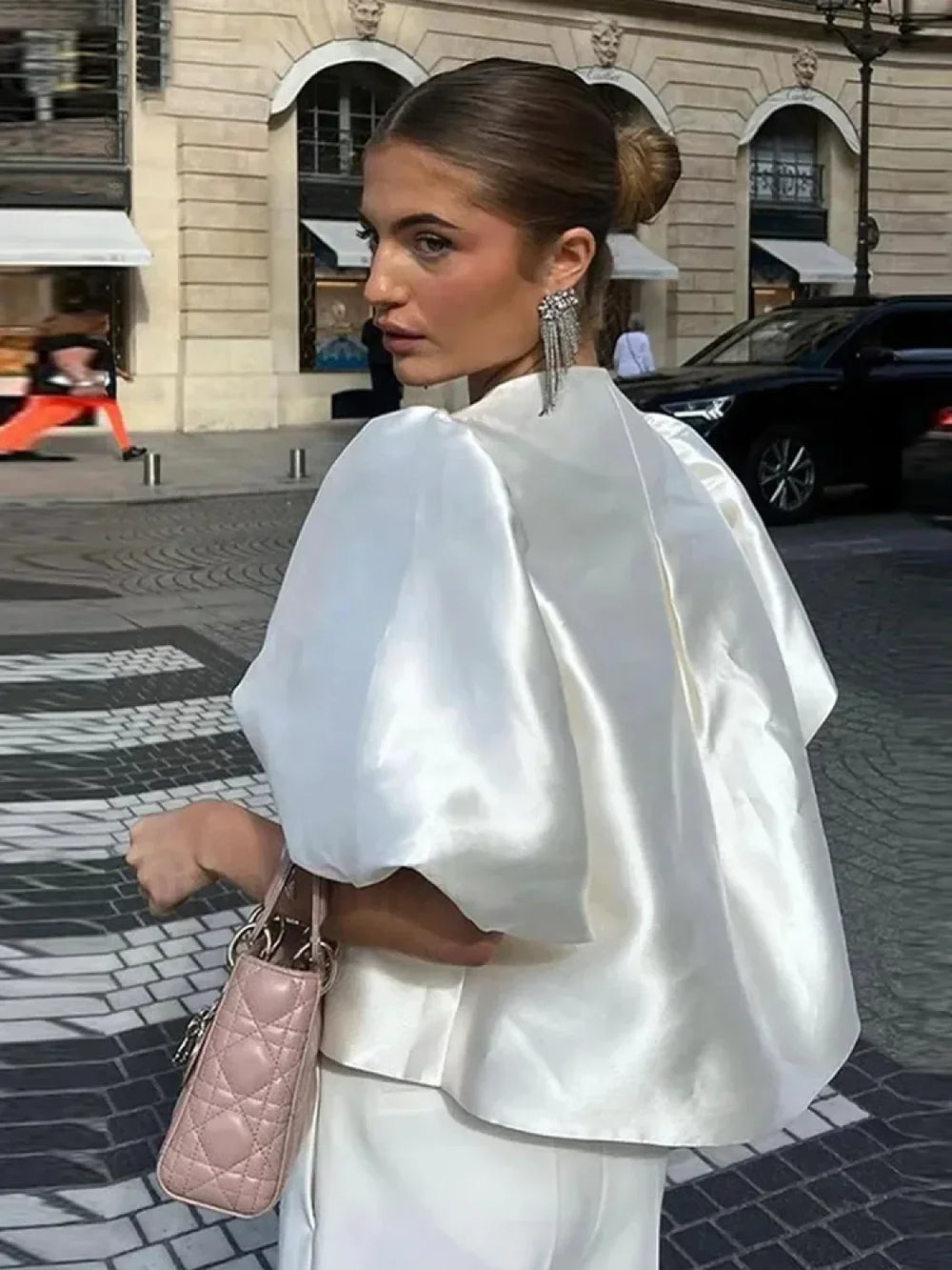 Elegant White Satin Short O neck Female Lady Blouse