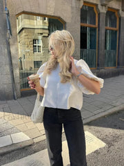 Elegant White Satin Short O neck Female Lady Blouse