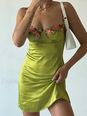 Embroidered Floral Green Satin Mini Dress Mini Dresses