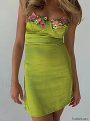 Embroidered Floral Green Satin Mini Dress Mini Dresses