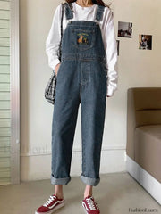 Embroidered Pocket Denim Overall Jeans Overall